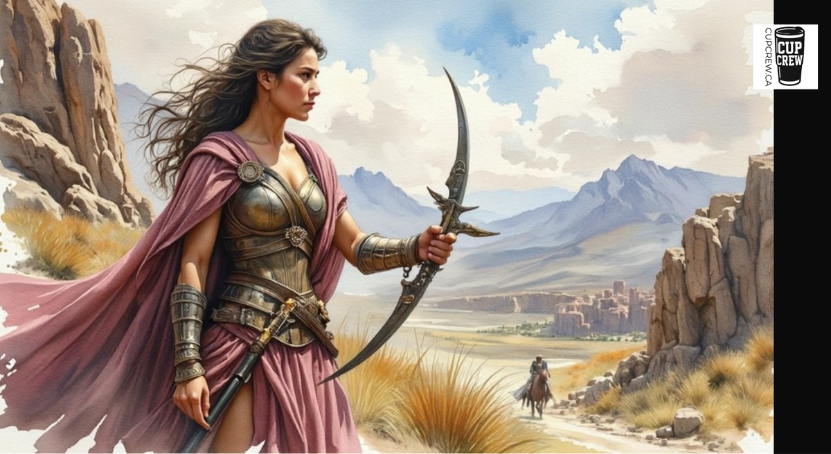 A woman in a pink cape stands in a desert landscape, holding a large weapon and accompanied by a horseback rider.