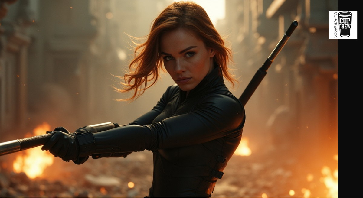 A woman in a black outfit stands in a burning cityscape, holding a weapon and looking determined.