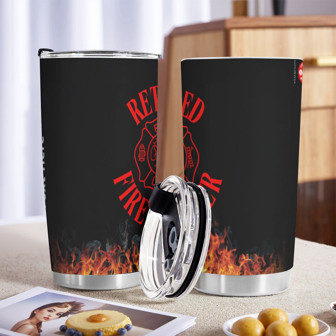 a red and black design with the text "Retired Firefighter" prominently displayed. The background is filled with flames, creating a dramatic and fiery atmosphere.