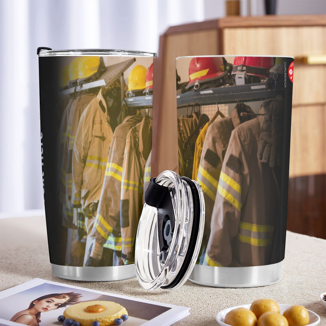 A collection of firefighting gear, including yellow and red helmets, yellow and brown jackets, and red and yellow gloves, neatly arranged on a rack.