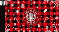 The image is a Christmas-themed coffee cup design with a red and black plaid background, snowflakes, candy canes, and the Starbucks logo.