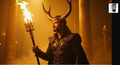 A man in a dark costume with large horns, holding a flaming staff, stands in a dimly lit room with columns and smoke in the background.