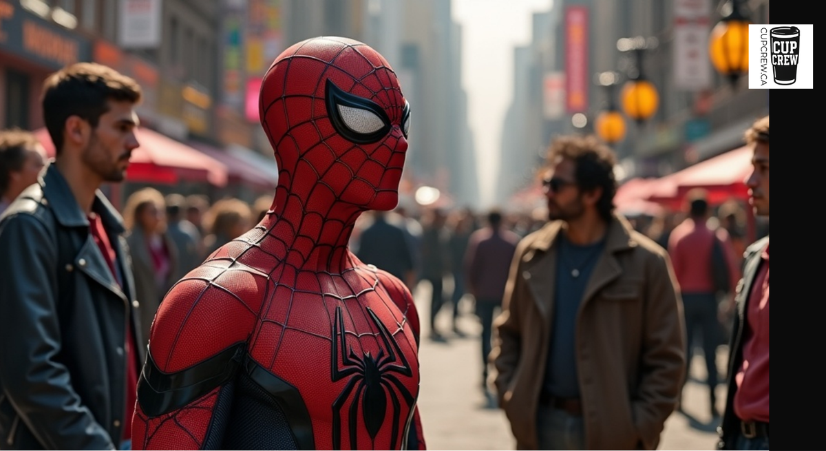 A person dressed as Spider-Man standing in a crowded city street.