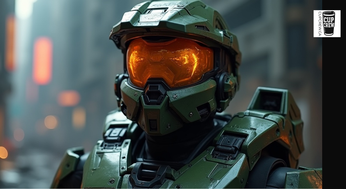 A close-up of a futuristic green armor helmet with an orange visor, likely from a science fiction or fantasy setting.