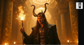 A man in a dark, ornate costume with large horns holds a flaming torch in a dimly lit, ornate hallway.