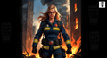 A female firefighter in full gear stands in the midst of a burning cityscape, her expression conveying determination and resolve.