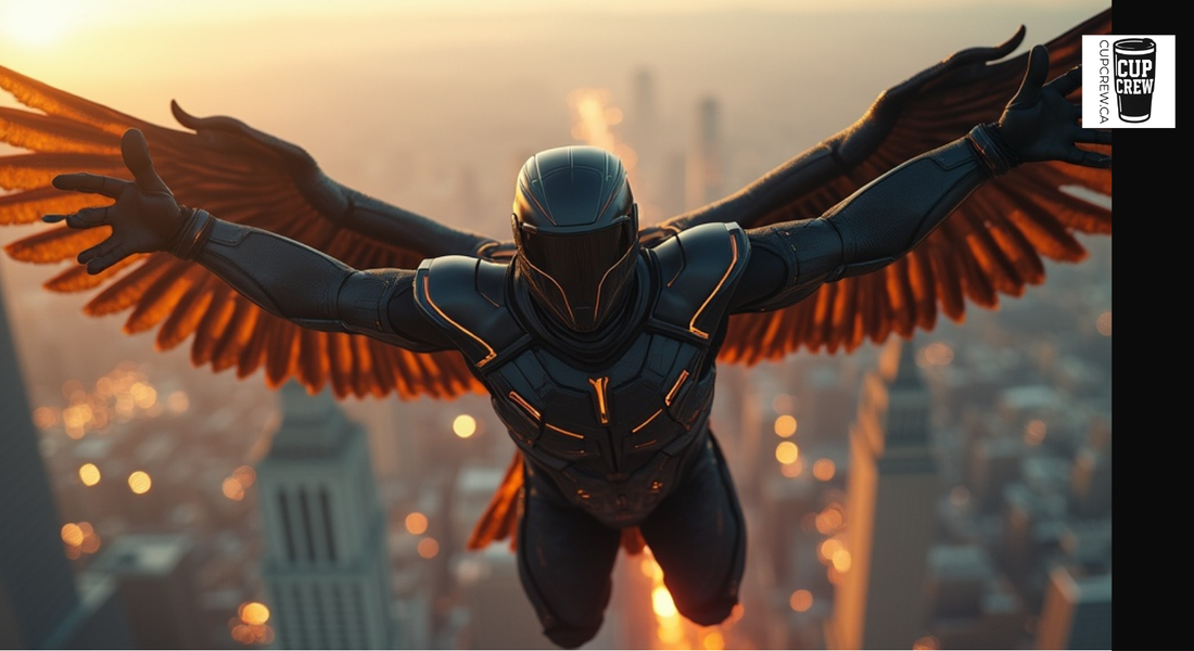A superhero-like character with wings and a futuristic suit is flying through the air above a cityscape at sunset.