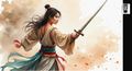 A woman in traditional Asian attire, holding a sword, stands amidst a backdrop of orange and brown splatters.