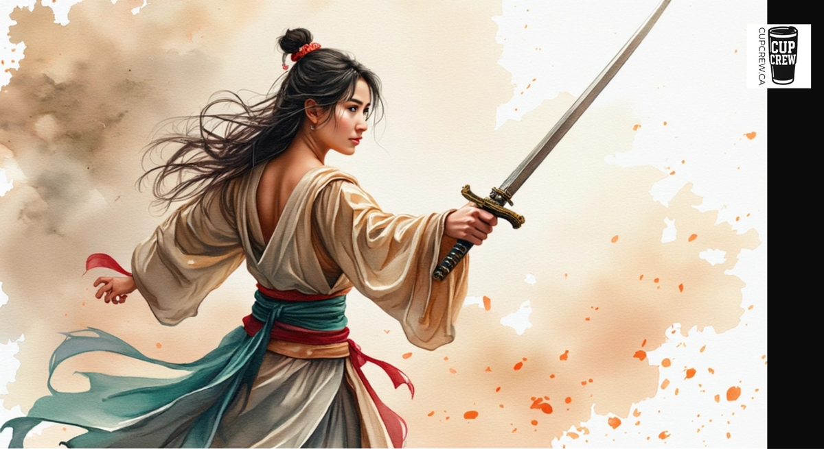 A woman in traditional Asian attire, holding a sword, stands amidst a backdrop of orange and brown splatters.