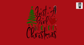 The image is a Christmas-themed graphic with a red background and text that reads 
