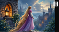 A woman in a long purple dress stands in front of a castle, with a castle visible in the background. The sky is filled with stars, and the scene is illuminated by a warm glow from a lantern.