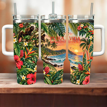 A set of three colorful tumblers with tropical designs, including palm trees, flowers, and a sunset.
