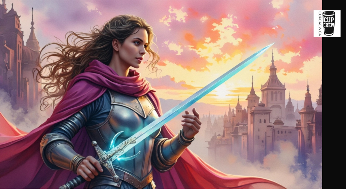 A woman in a purple cape and armor stands in front of a castle, holding a sword and gazing into the distance.