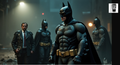 Batman standing in a dark, urban setting with other Batman characters in the background.