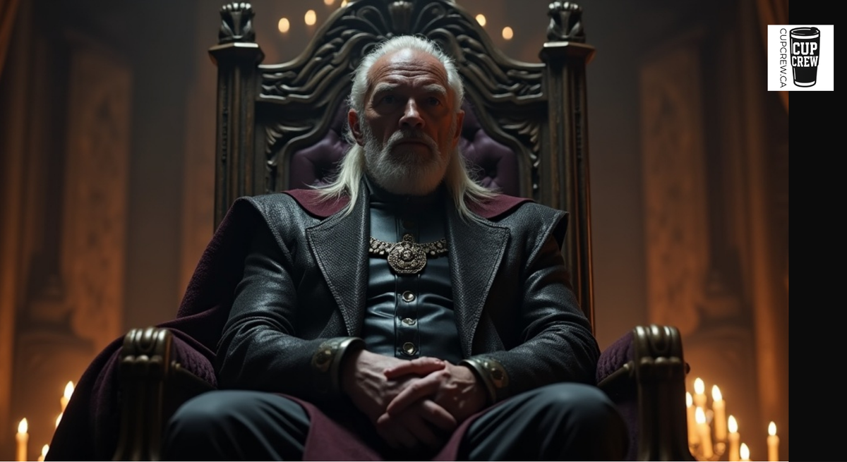 An older man with a long white beard and mustache, wearing a black leather jacket and sitting on a throne-like chair, with a serious expression on his face.
