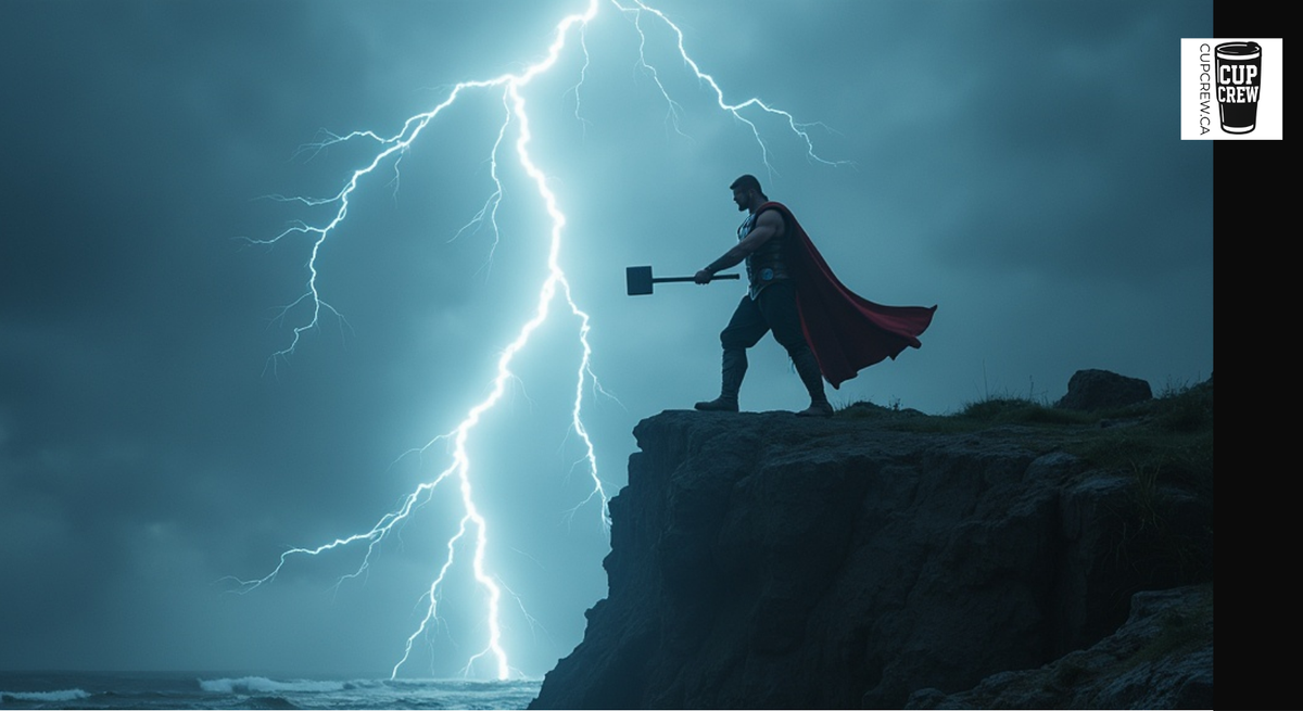 A person in a red cape stands on a cliff, holding a hammer and facing a powerful lightning bolt striking the rocky cliff below.
