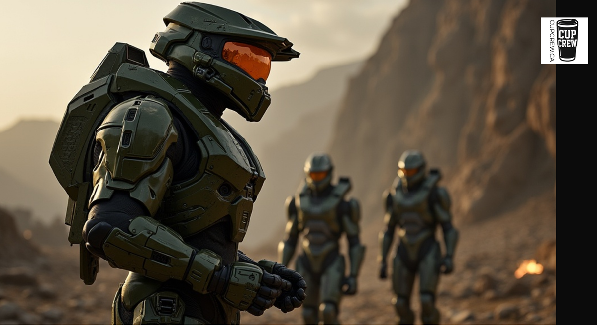 A heavily armored and armed character stands in a rocky, mountainous environment, with two other similarly armored characters visible in the background.