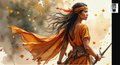 A woman in an orange dress with a flowing skirt and headband stands amidst falling orange leaves, holding a sword and gazing into the distance.