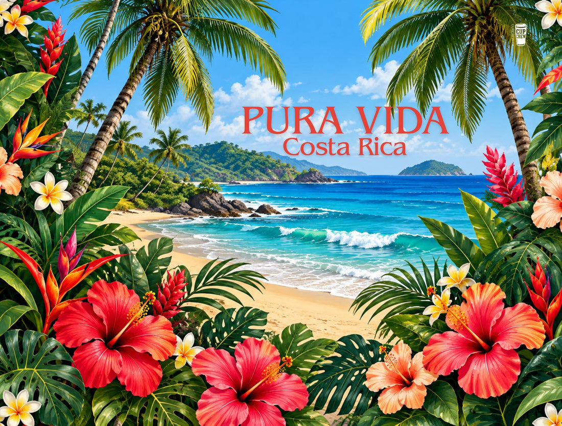 a tropical beach scene with palm trees, colorful flowers, and a clear blue sky.