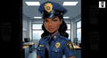 A female police officer in uniform stands in an office setting, with a cityscape visible through the window behind her.