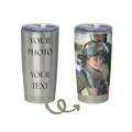 a stainless steel tumbler with a printed photo of a firefighter on it.
