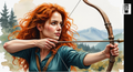 A woman with long, curly red hair is holding a bow and arrow, aiming it at a mountainous landscape in the background.
