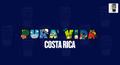 The image is a collage featuring various colorful illustrations of landmarks and symbols associated with Costa Rica, arranged in a stylized manner to spell out the word 