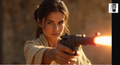 A woman with brown hair is holding a gun and pointing it at the camera, with a warm, golden glow illuminating her face.