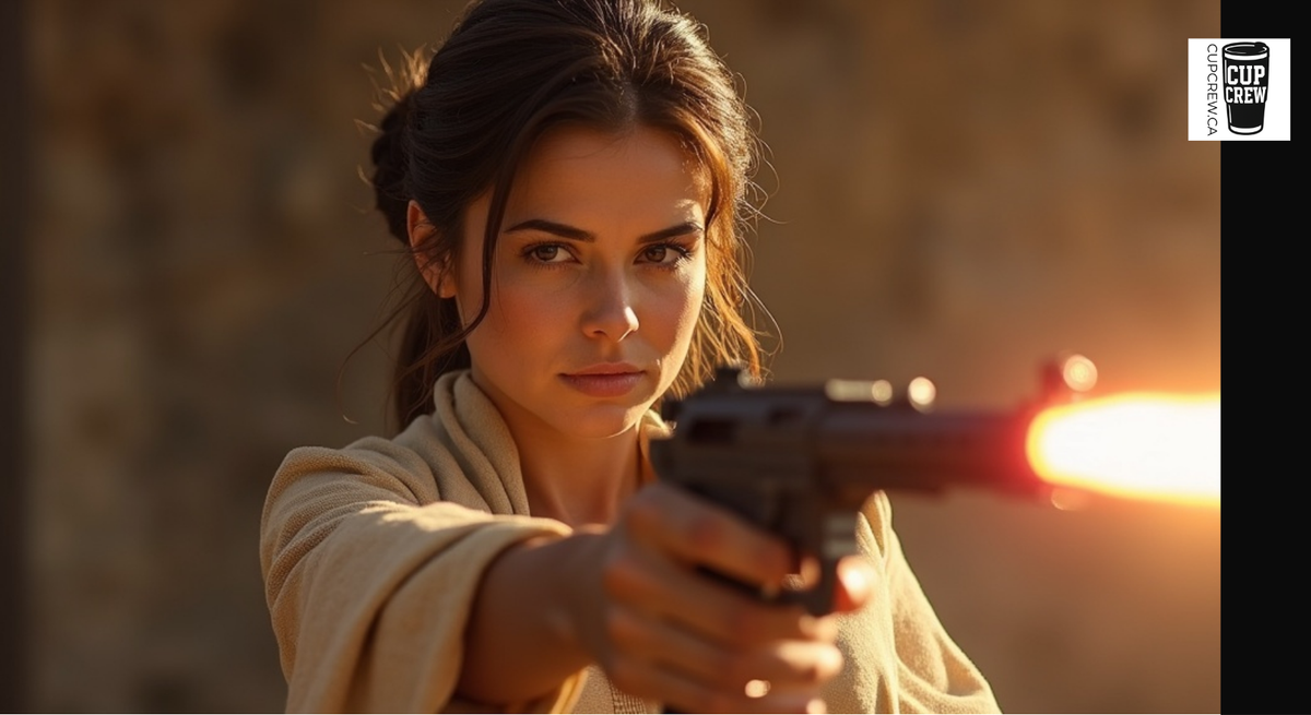 A woman with brown hair is holding a gun and pointing it at the camera, with a warm, golden glow illuminating her face.