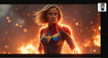 A female superhero character in a red and blue costume with a gold emblem, standing in front of a fiery background.