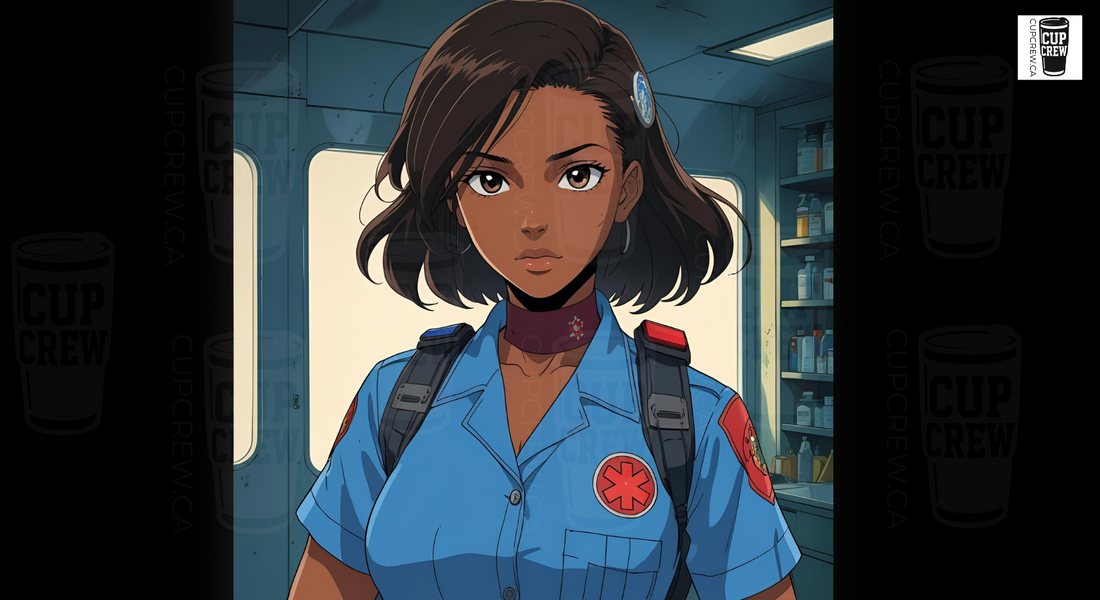 a woman wearing a blue uniform with a red star on it, standing in a room with shelves of bottles in the background.
