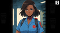 a woman wearing a blue uniform with a red star on it, standing in a room with shelves of bottles in the background.