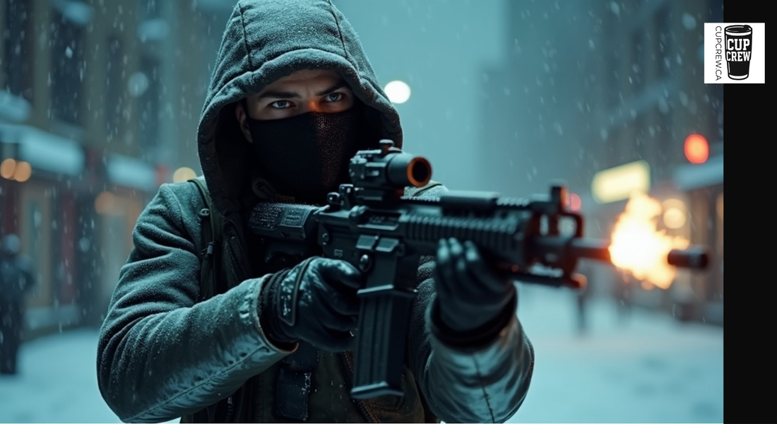 A person in a hooded jacket and face mask is aiming a gun at the camera in a snowy urban setting.