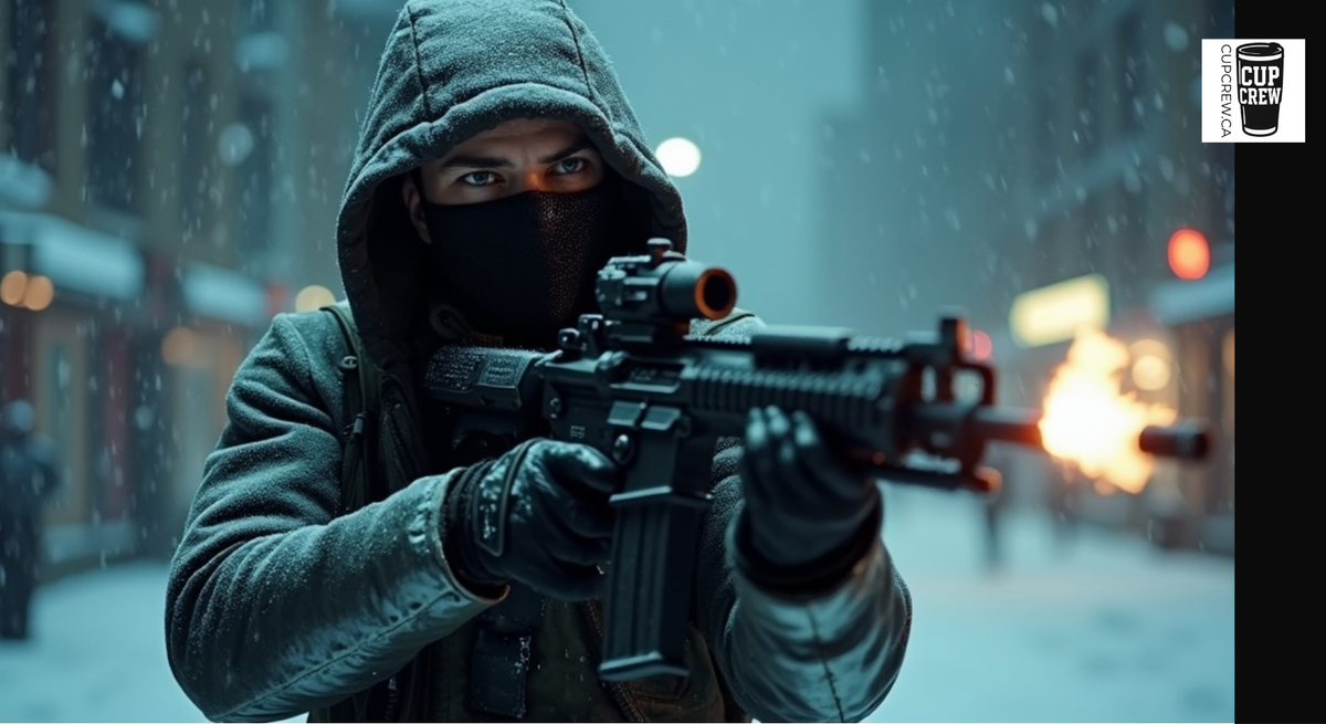 A person in a hooded jacket and face mask is aiming a gun at the camera in a snowy urban setting.
