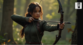 A woman in a green outfit is aiming a bow and arrow in a forest setting.