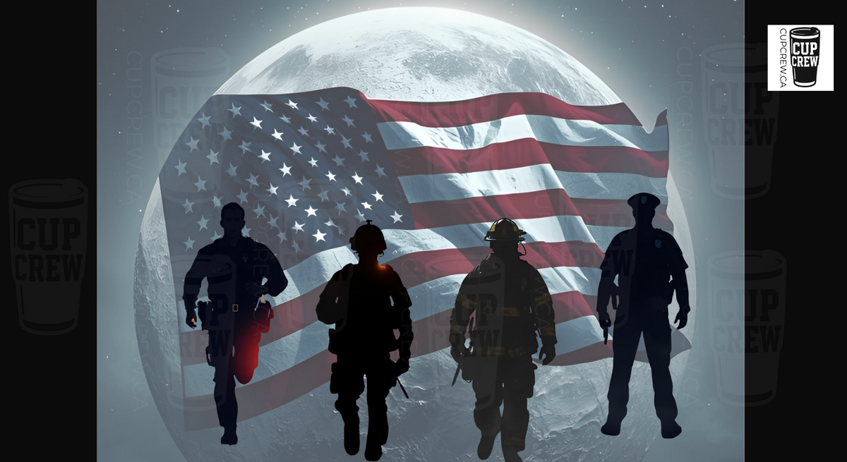 four silhouetted figures standing in front of a large American flag, with a full moon in the background.