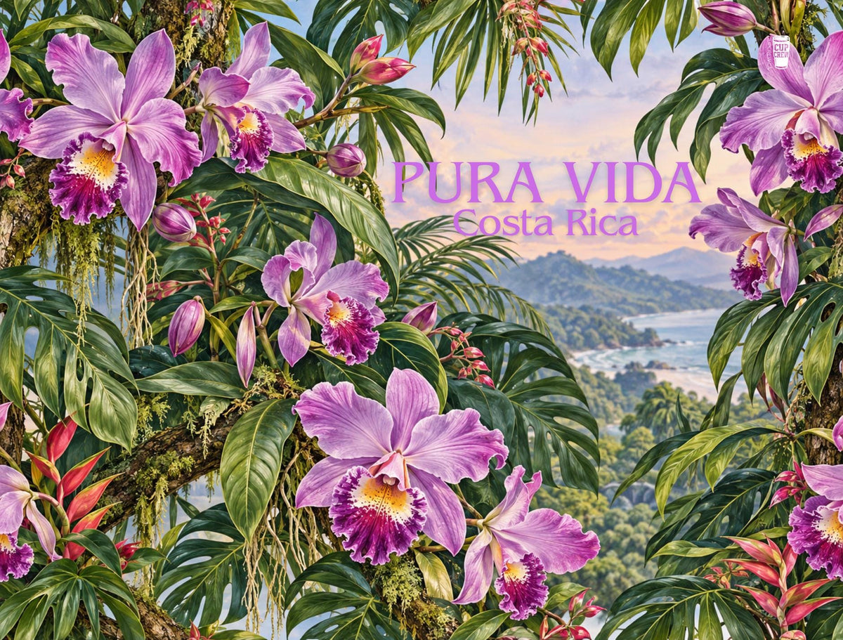 a vibrant tropical scene with lush green foliage, purple orchids, and a scenic view of a tropical landscape in the background.