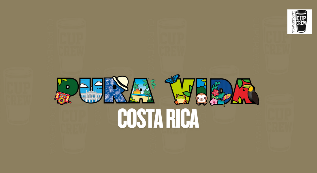 The image is a collage of various colorful and creative elements that spell out the word "PURA VIDA" in a playful and artistic manner, with the word "COSTA RICA" written below it.