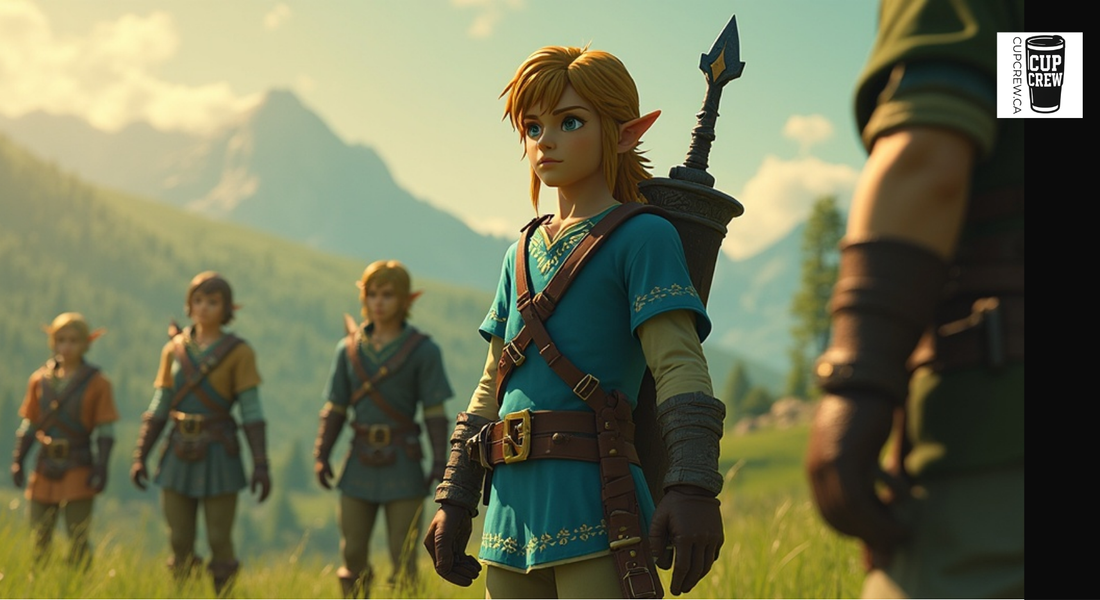 A group of characters from the video game " Zelda: Breath of the Wild" standing in a grassy field with mountains in the background.