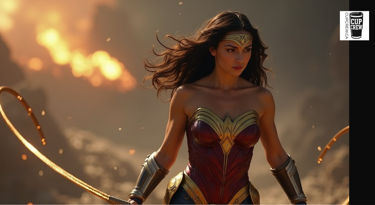 A woman in a red and gold costume, with long dark hair, stands in front of a fiery background, holding a whip.