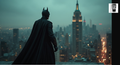 Batman standing on a rooftop, overlooking the city skyline at night.