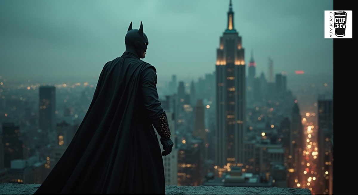Batman standing on a rooftop, overlooking the city skyline at night.