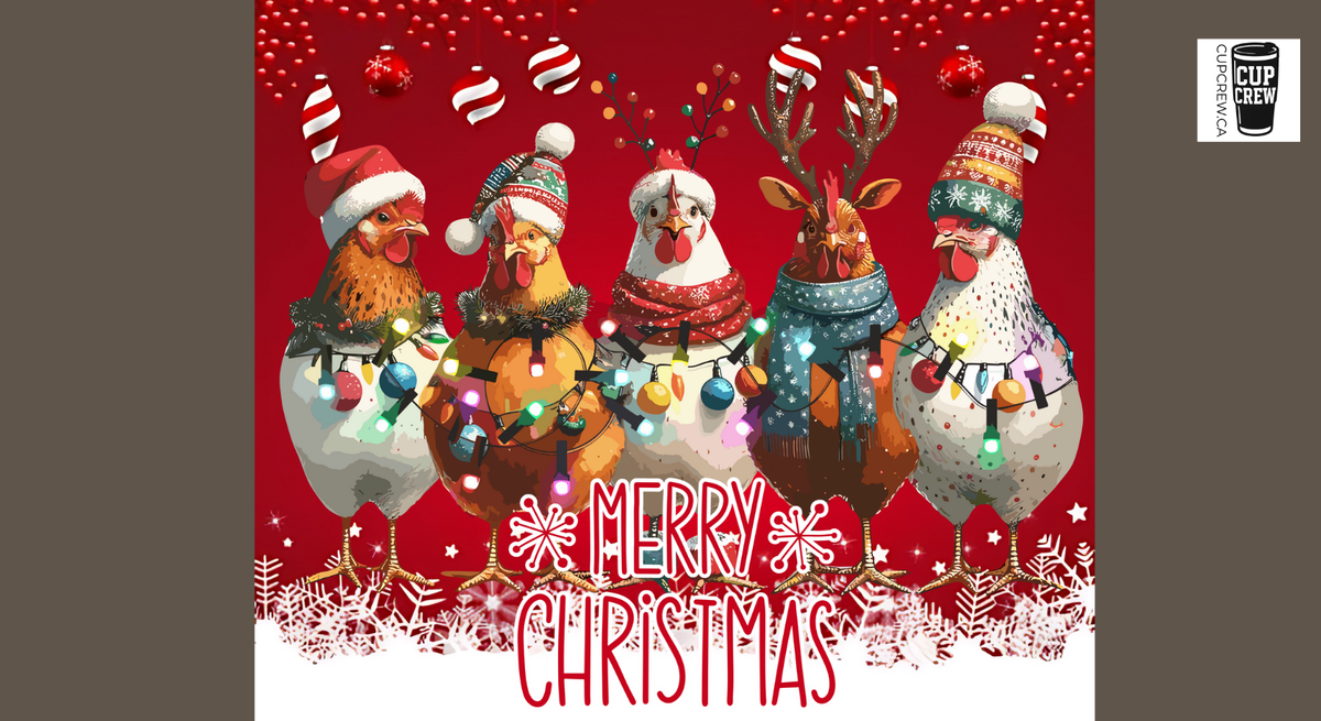 A festive Christmas scene featuring a group of chickens and deer, all adorned with Christmas decorations and lights, against a red background with snowflakes.