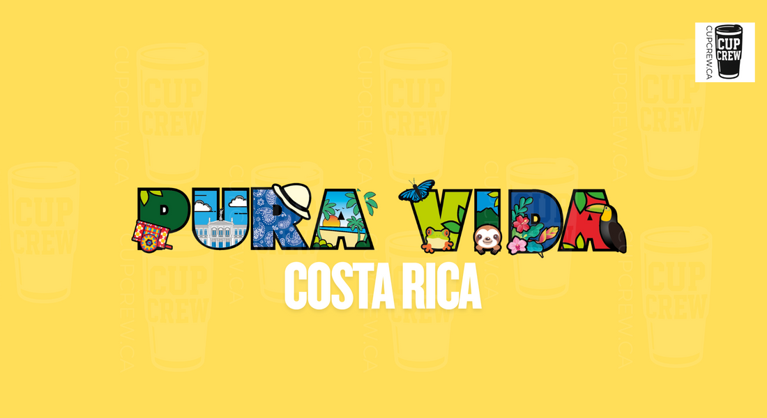 The image is a vibrant and colorful representation of the word "Pura Vida" in the country of Costa Rica, with various objects and symbols associated with the country's culture and lifestyle.