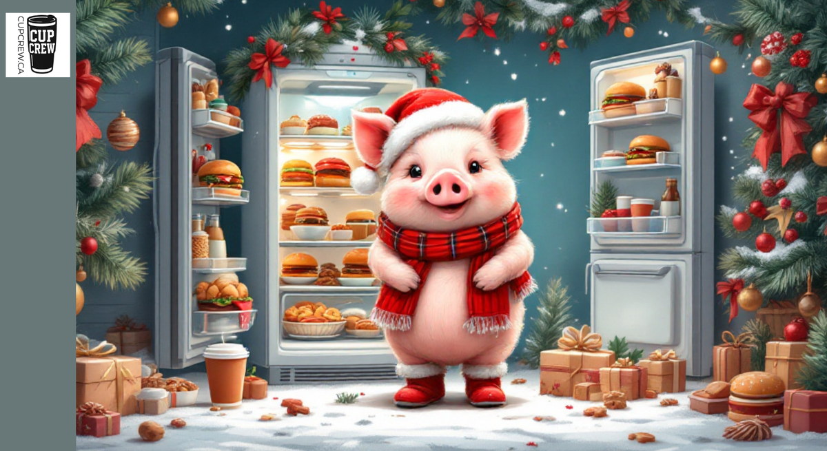 A cheerful pig wearing a Santa hat and scarf stands in front of an open refrigerator filled with Christmas-themed food items, surrounded by festive decorations and gifts.