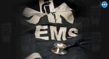 a stethoscope and a medical emergency medical technician (EMT) uniform, with the text "CUP CREW" visible in the background.
