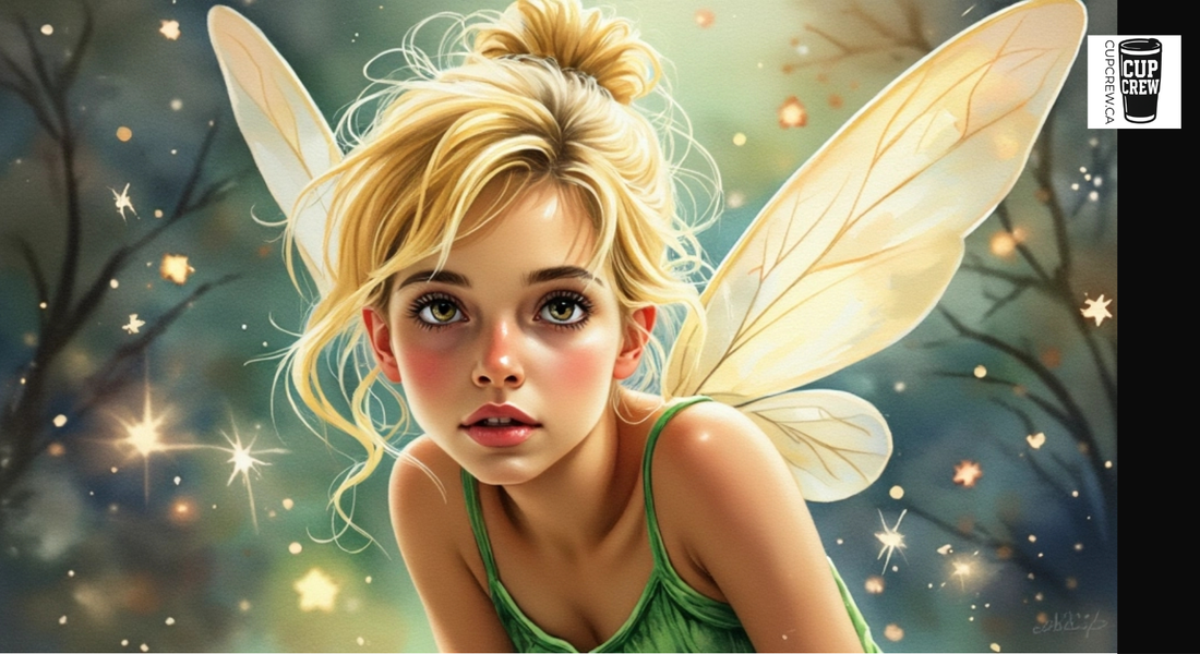 A close-up portrait of a young girl with blonde hair and fairy wings, set against a background of twinkling stars and a green dress.