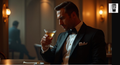 A man in a tuxedo is sitting at a table, holding a glass of wine and looking down.